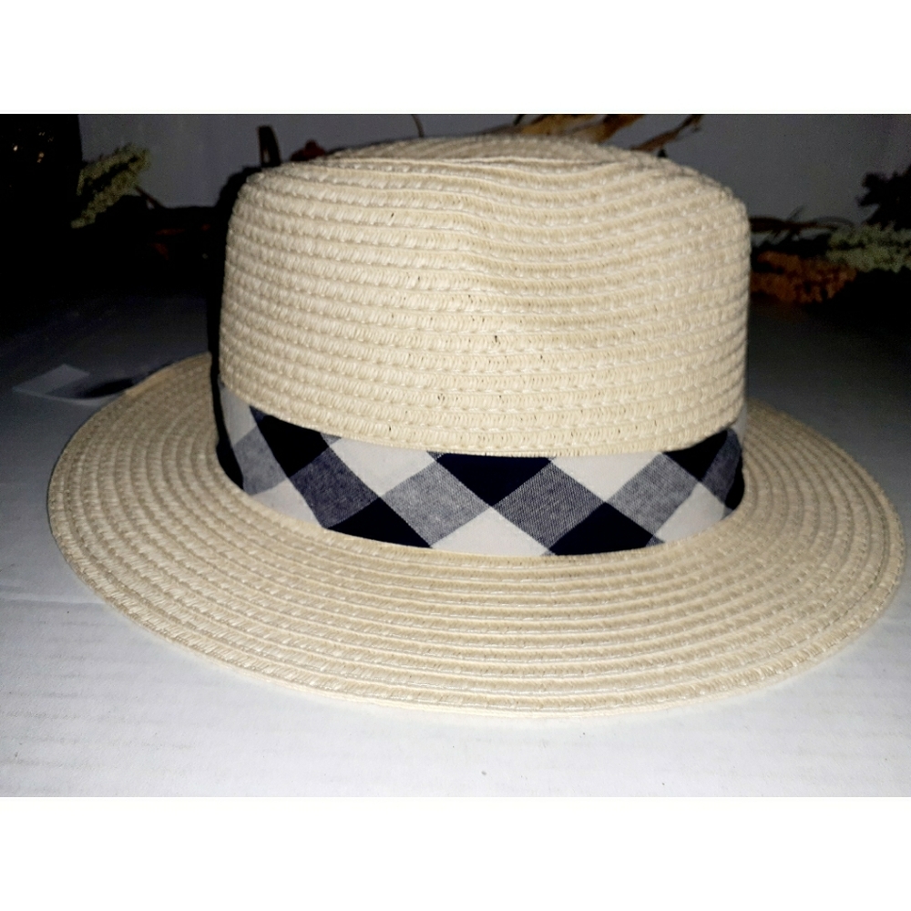 Loft Tan Packable Straw Fedora Hat - Plaid Bandage - Picture 15 of 15